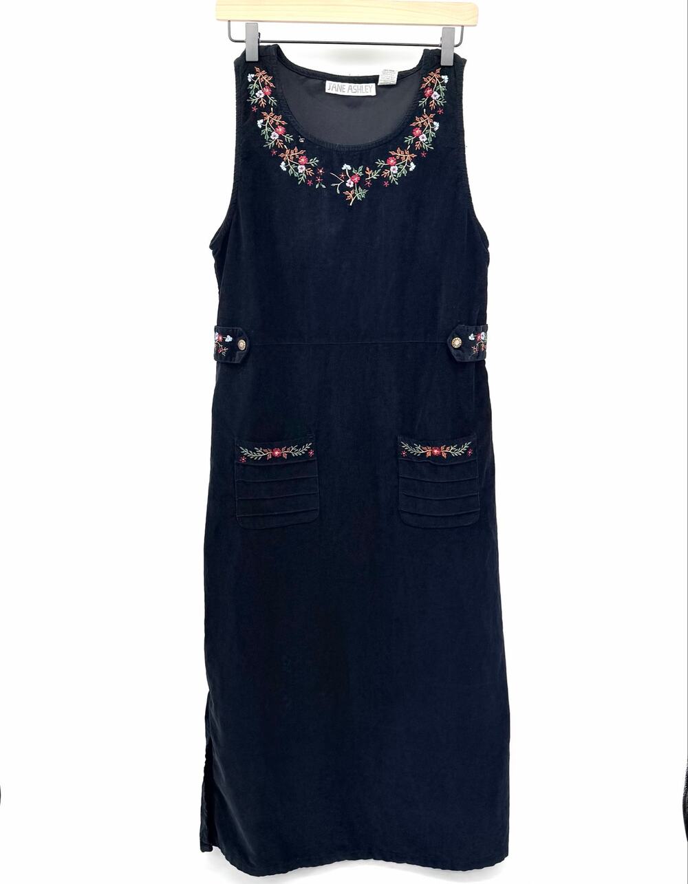 Vintage Jane Ashley Embroidered Corduroy Cotton Jumper Dress Midi M Cottagecore